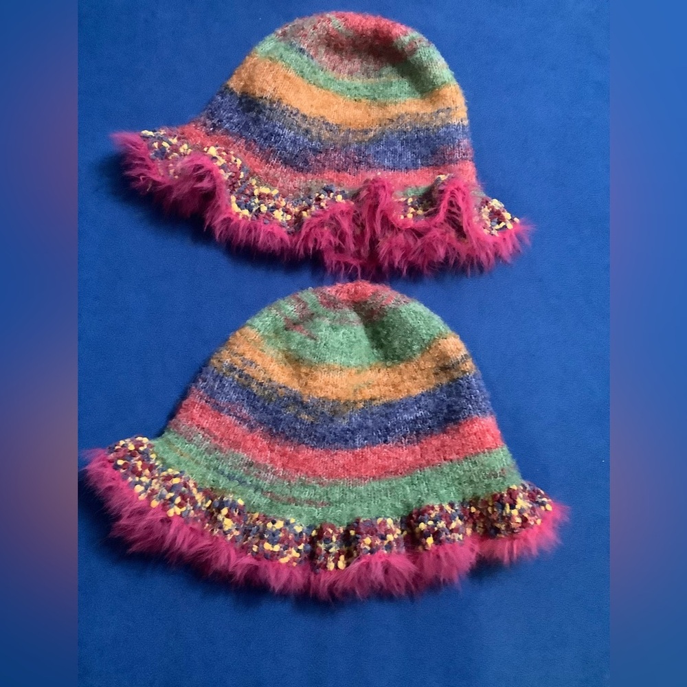 Ruffle Knitted Bucket Retro Colorful Hat Bundle of Two EUC